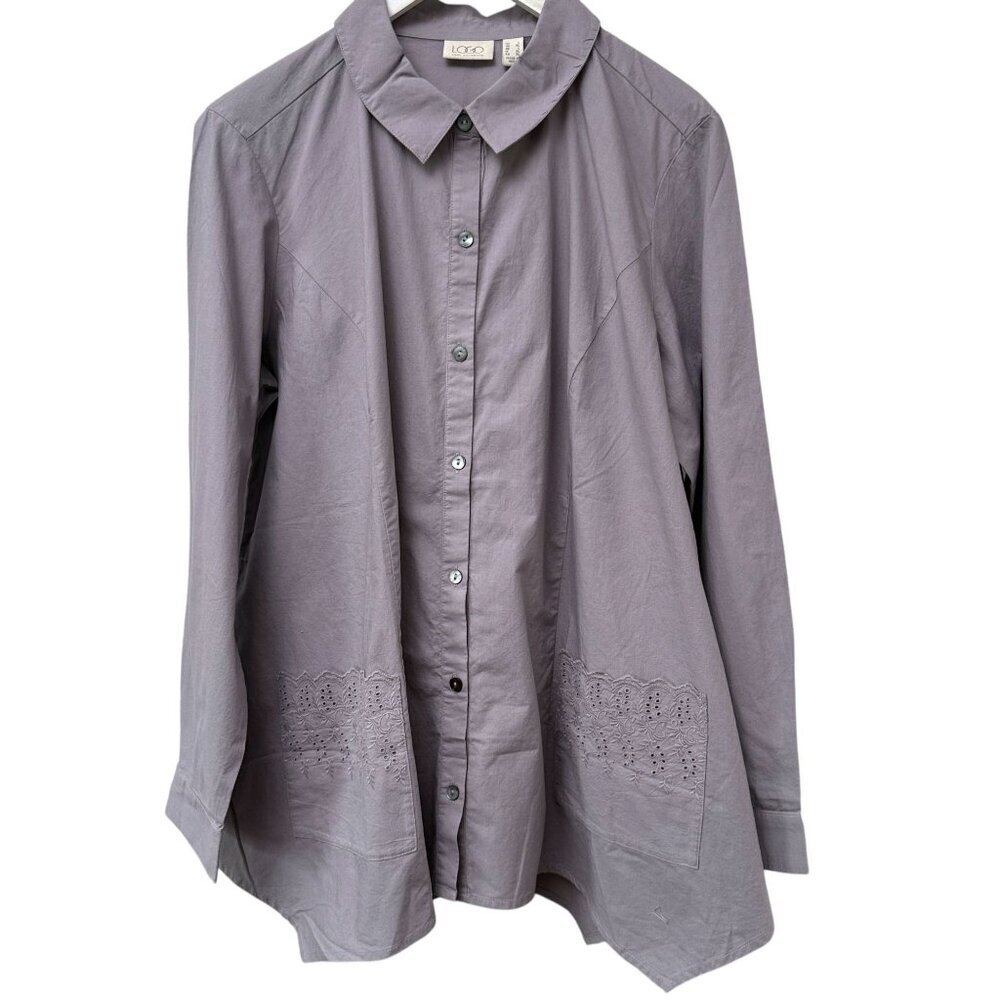 LOGO Lori Goldstein Womens Boho Top Large Light Purple Cotton Tunic Shirt NWOT